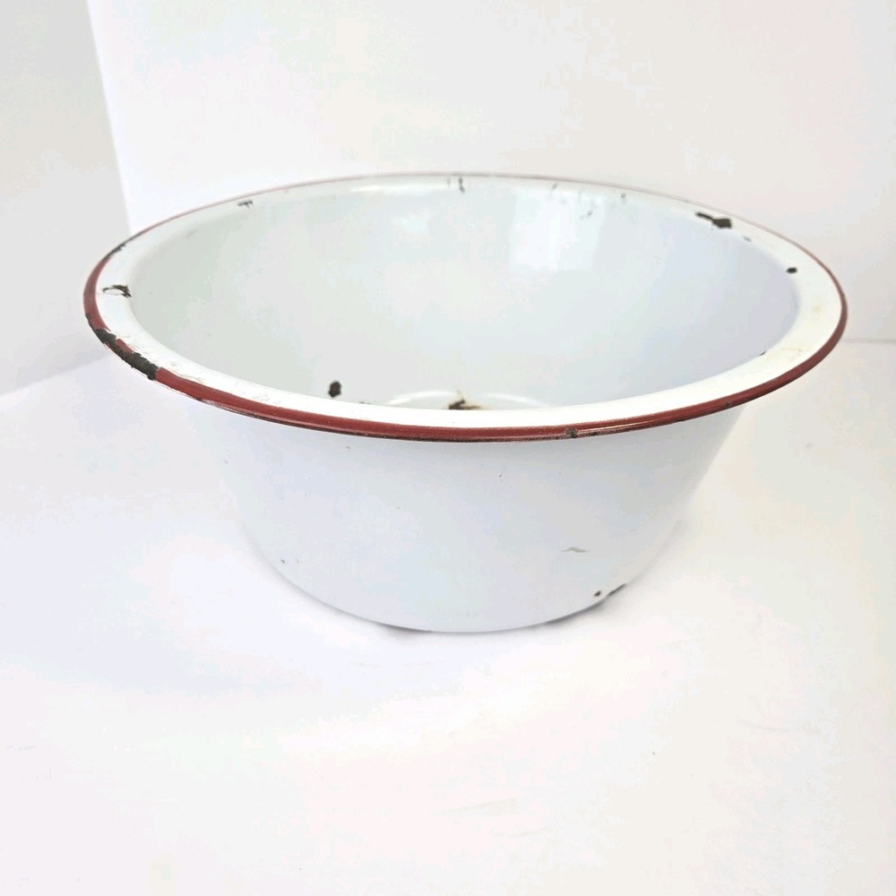 Enamelware Vintage Wash Bowl White with Red Trim Large Enamel Tub Basin Bowl